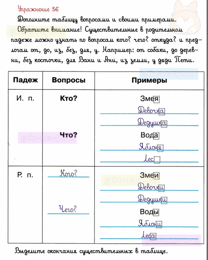 ГДЗ к 56 упражнению рабочей тетради по русскому языку Л.Ф. Климанова, Т.В. Бабушкина за 3 класс 2 часть