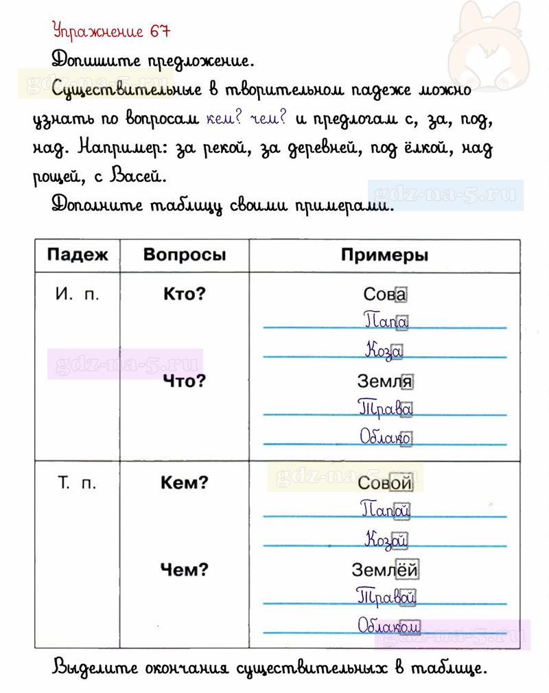 ГДЗ к 67 упражнению рабочей тетради по русскому языку Л.Ф. Климанова, Т.В. Бабушкина за 3 класс 2 часть